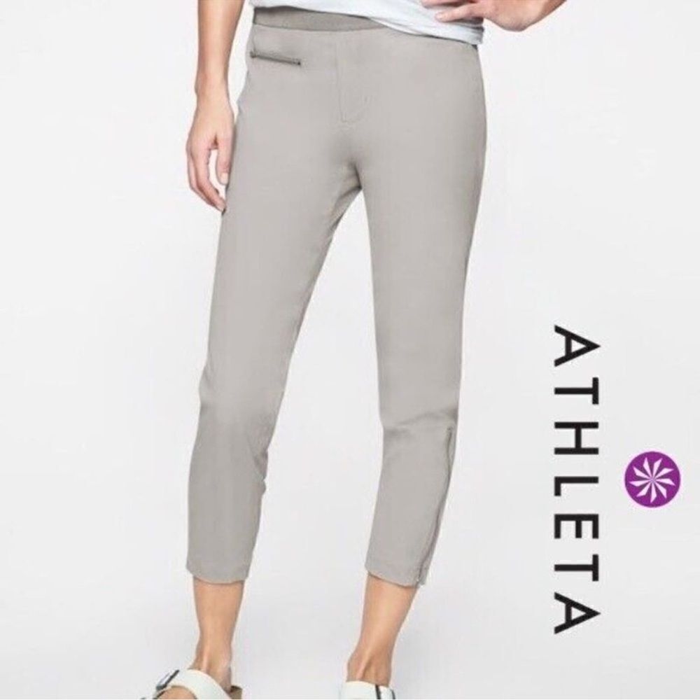 Athleta Mod Trekkie Crop Jogger Pants Ankle Zip Pull On Woven Light Gray Size 8
